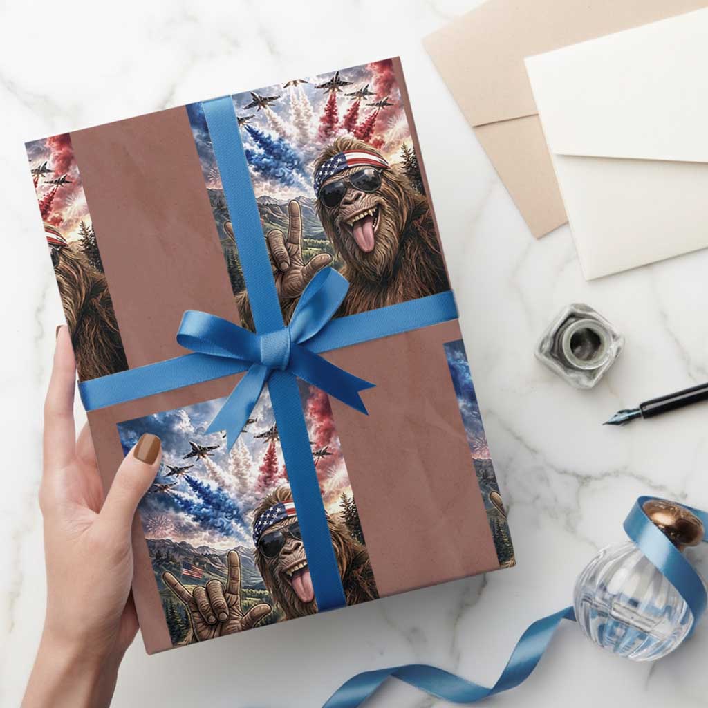 Patriotic Bigfoot 4th Of July Selfie Wrapping Paper Roll Funny USA Freedom Jet Fighter Graphic