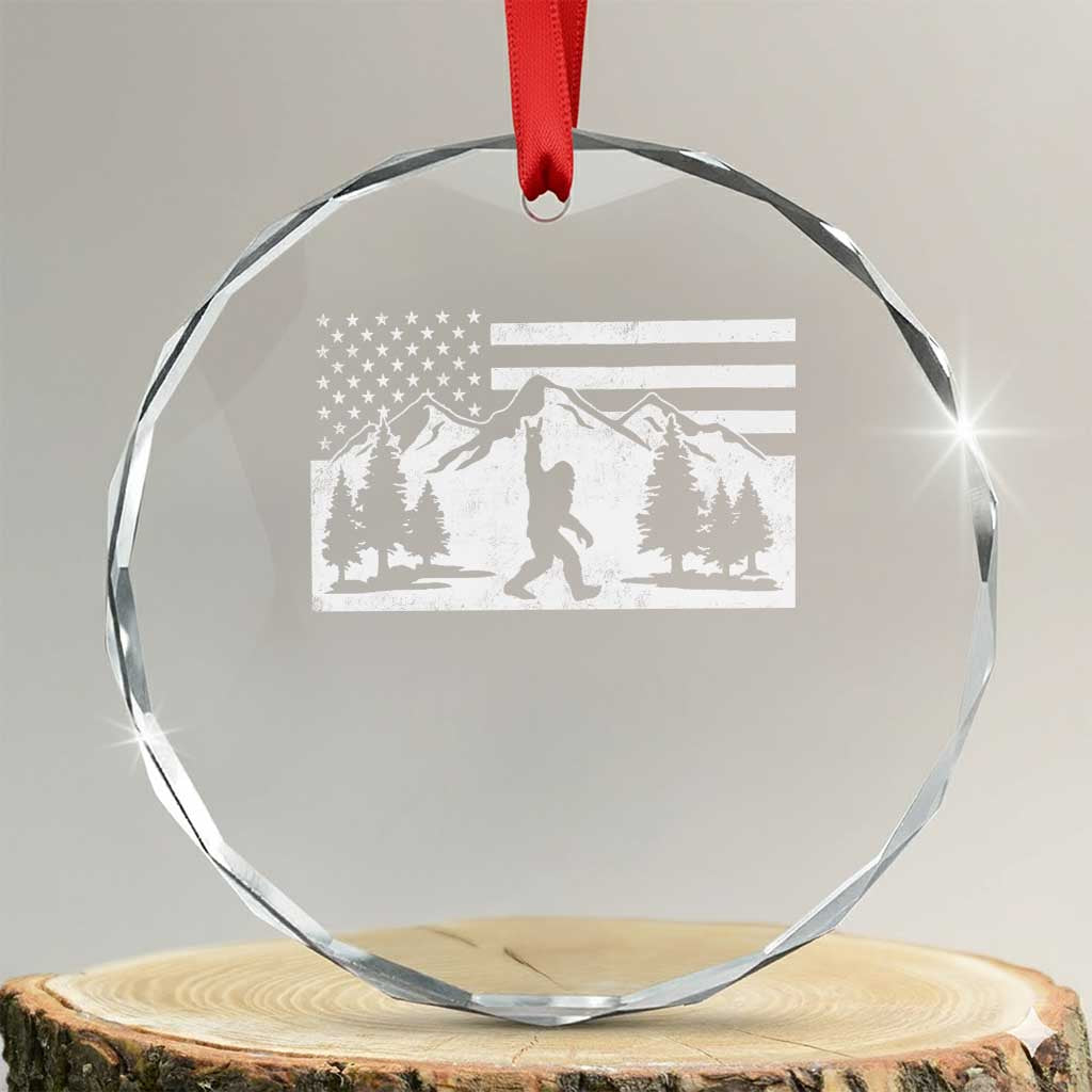 Patriotic Bigfoot American Flag in Forest Crystal Glass Ornament
