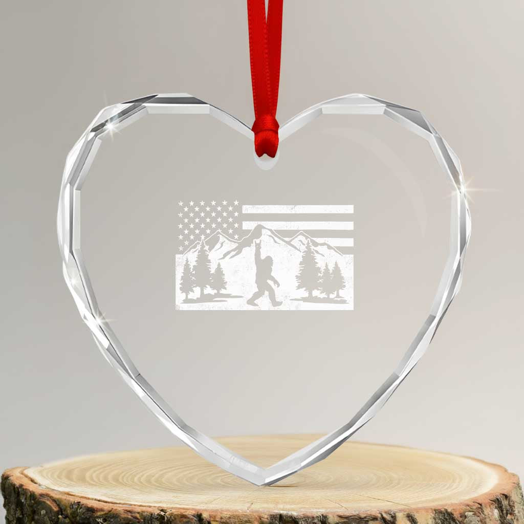 Patriotic Bigfoot American Flag in Forest Heart Crystal Glass Ornament