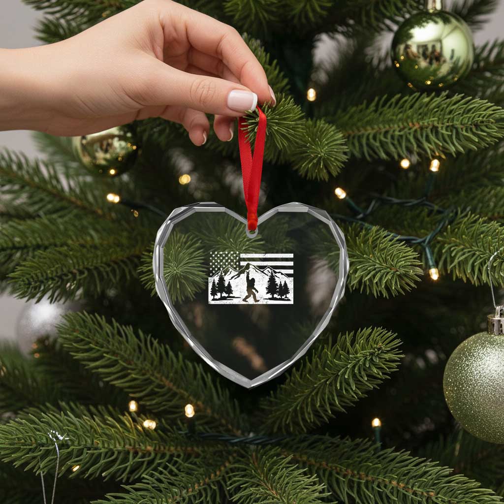 Patriotic Bigfoot American Flag in Forest Heart Crystal Glass Ornament