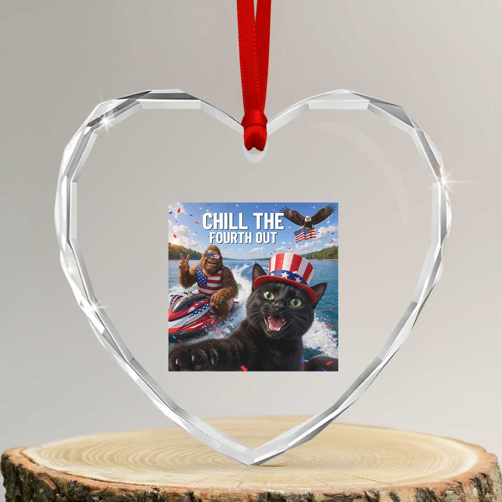 Patriotic Bigfoot And Cat Heart Crystal Glass Ornament Chill The Fourth Out