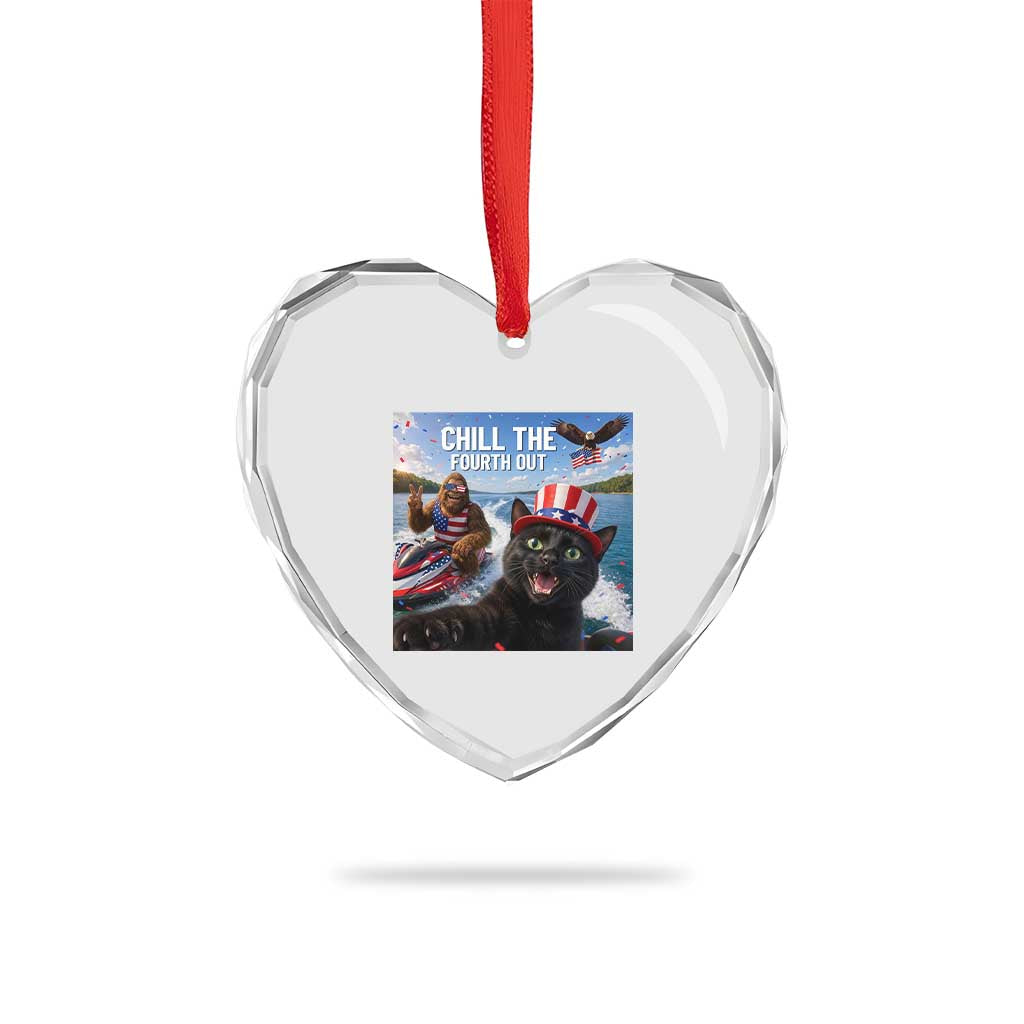 Patriotic Bigfoot And Cat Heart Crystal Glass Ornament Chill The Fourth Out