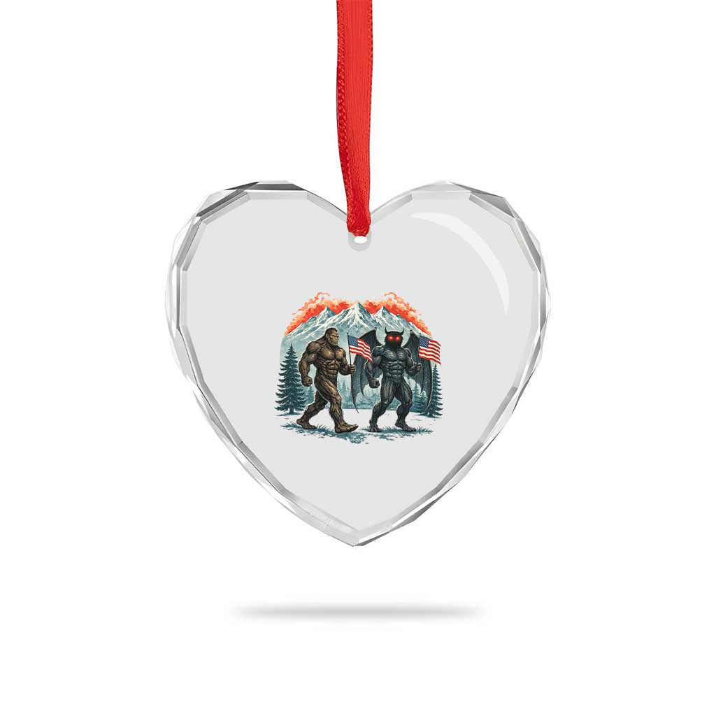 Patriotic Bigfoot And Mothman Heart Crystal Glass Ornament Funny Cryptid Lover Gift