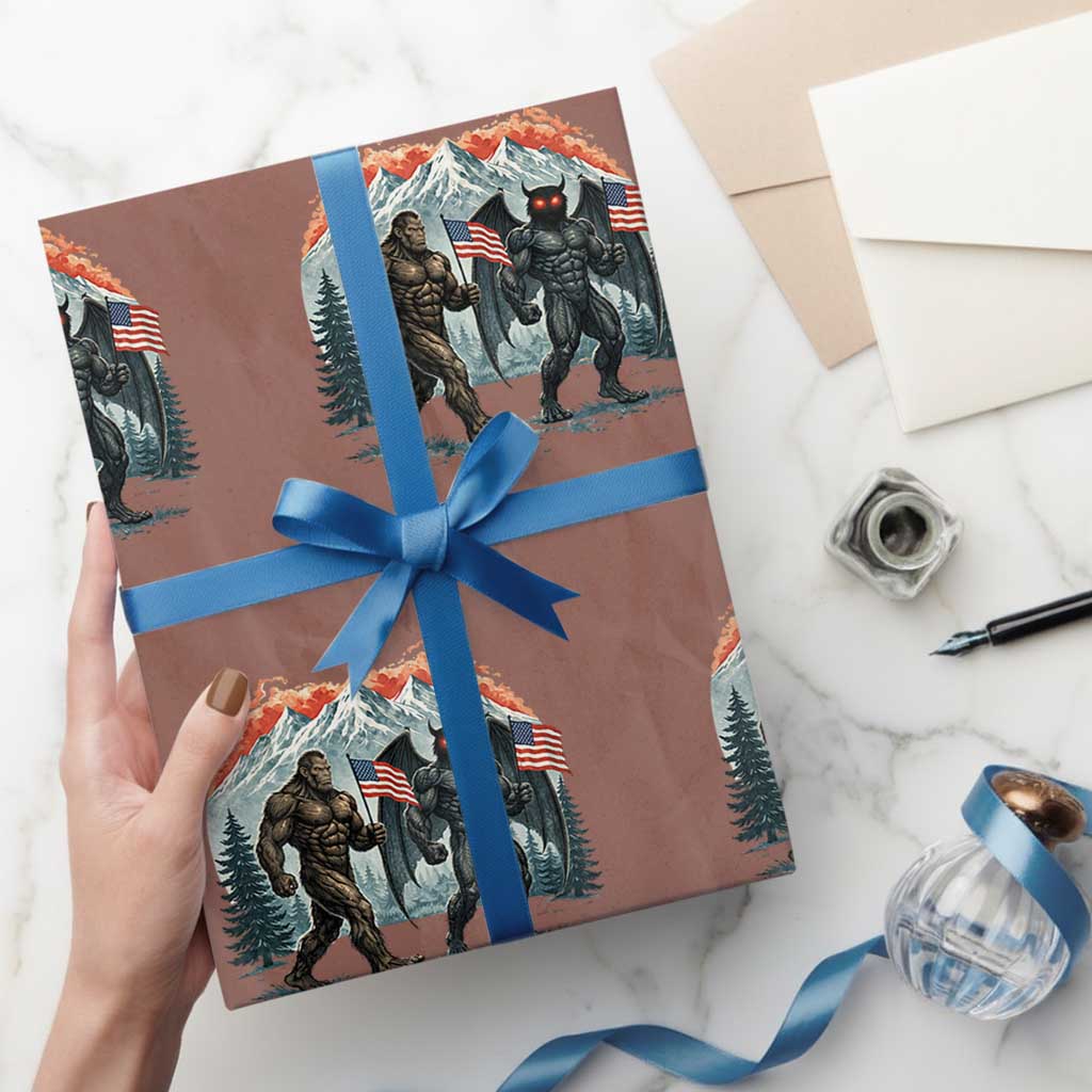 Patriotic Bigfoot And Mothman Wrapping Paper Roll Funny Cryptid Lover Gift