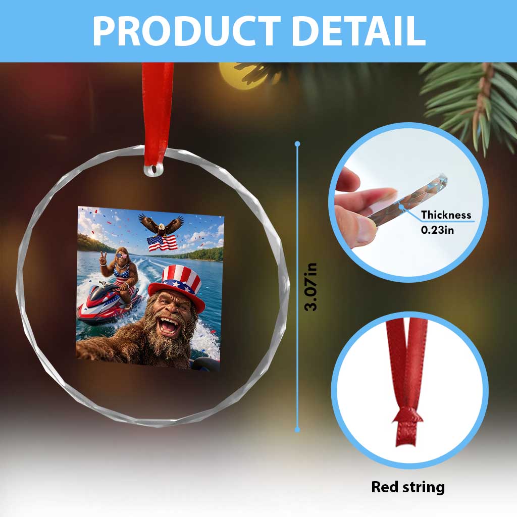 Patriotic Bigfoot Squad Chill Summer Vacation Graphic Crystal Glass Ornament