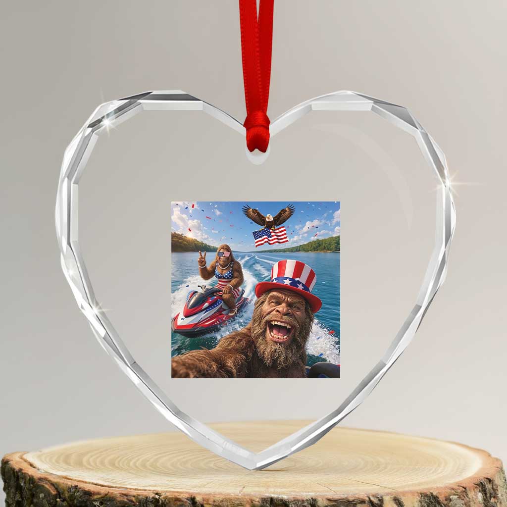Patriotic Bigfoot Squad Chill Summer Vacation Graphic Heart Crystal Glass Ornament