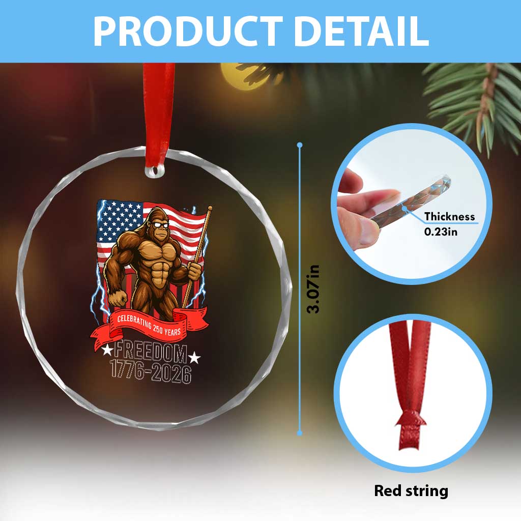 Patriotic Bigfoot US 250th Anniversary Crystal Glass Ornament Sasquatch Celebrating 250 Years of Freedom 1776 to 2026 - Wonder Print Shop