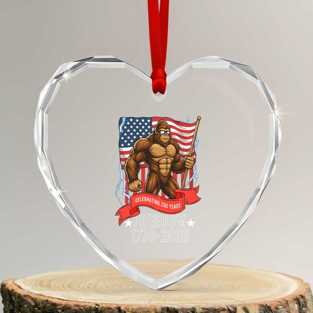 Patriotic Bigfoot US 250th Anniversary Heart Crystal Glass Ornament Sasquatch Celebrating 250 Years of Freedom 1776 to 2026 - Wonder Print Shop