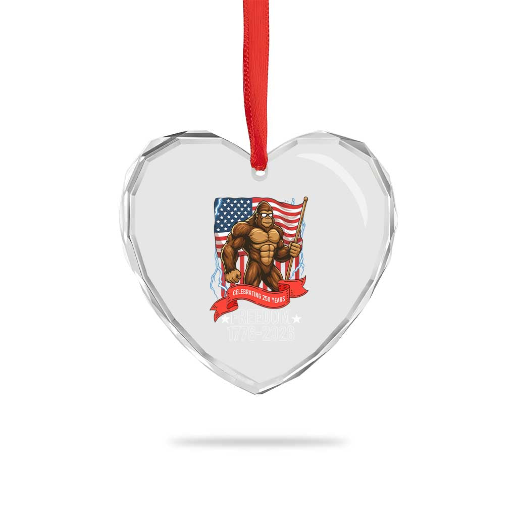 Patriotic Bigfoot US 250th Anniversary Heart Crystal Glass Ornament Sasquatch Celebrating 250 Years of Freedom 1776 to 2026 - Wonder Print Shop