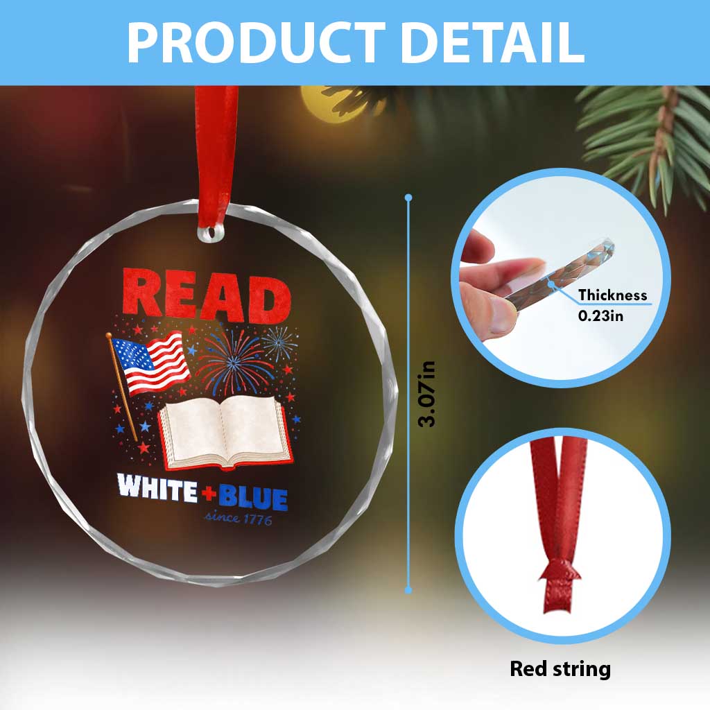 Patriotic Bookish 4th Of July Read White Blue Since 1776 Crystal Glass Ornament