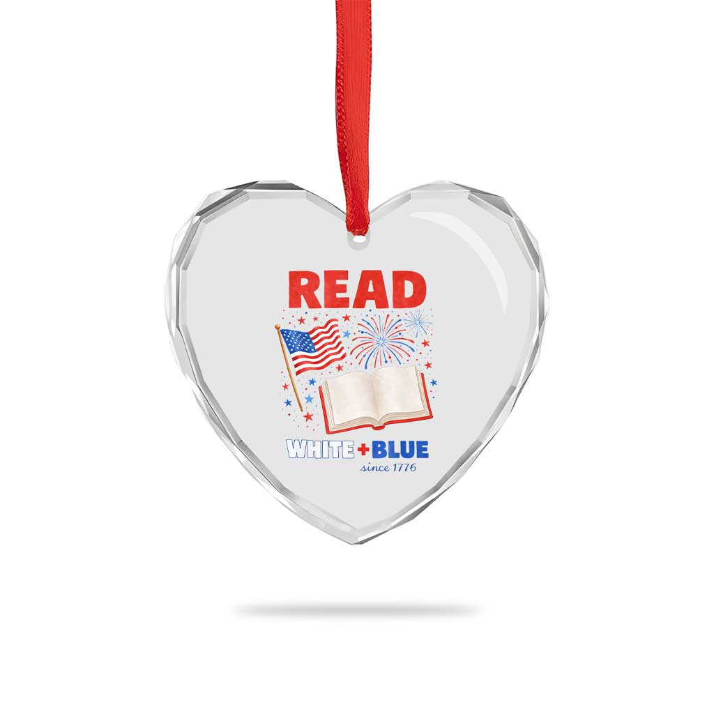 Patriotic Bookish 4th Of July Read White Blue Since 1776 Heart Crystal Glass Ornament