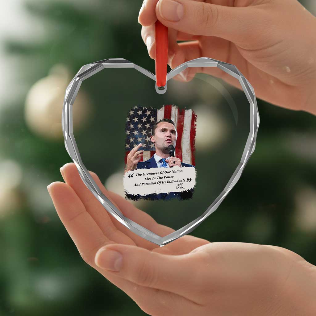 Patriotic Charlie Kirk Legacy Heart Crystal Glass Ornament The Greatness of America Power of the People - Wonder Print Shop