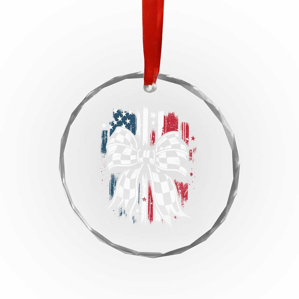 Patriotic Coquette Bow Checkered Flag Race Car Racing Crystal Glass Ornament TS14
