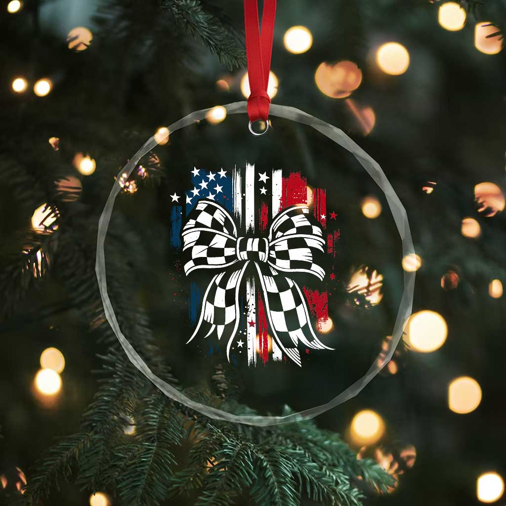 Patriotic Coquette Bow Checkered Flag Race Car Racing Crystal Glass Ornament TS14