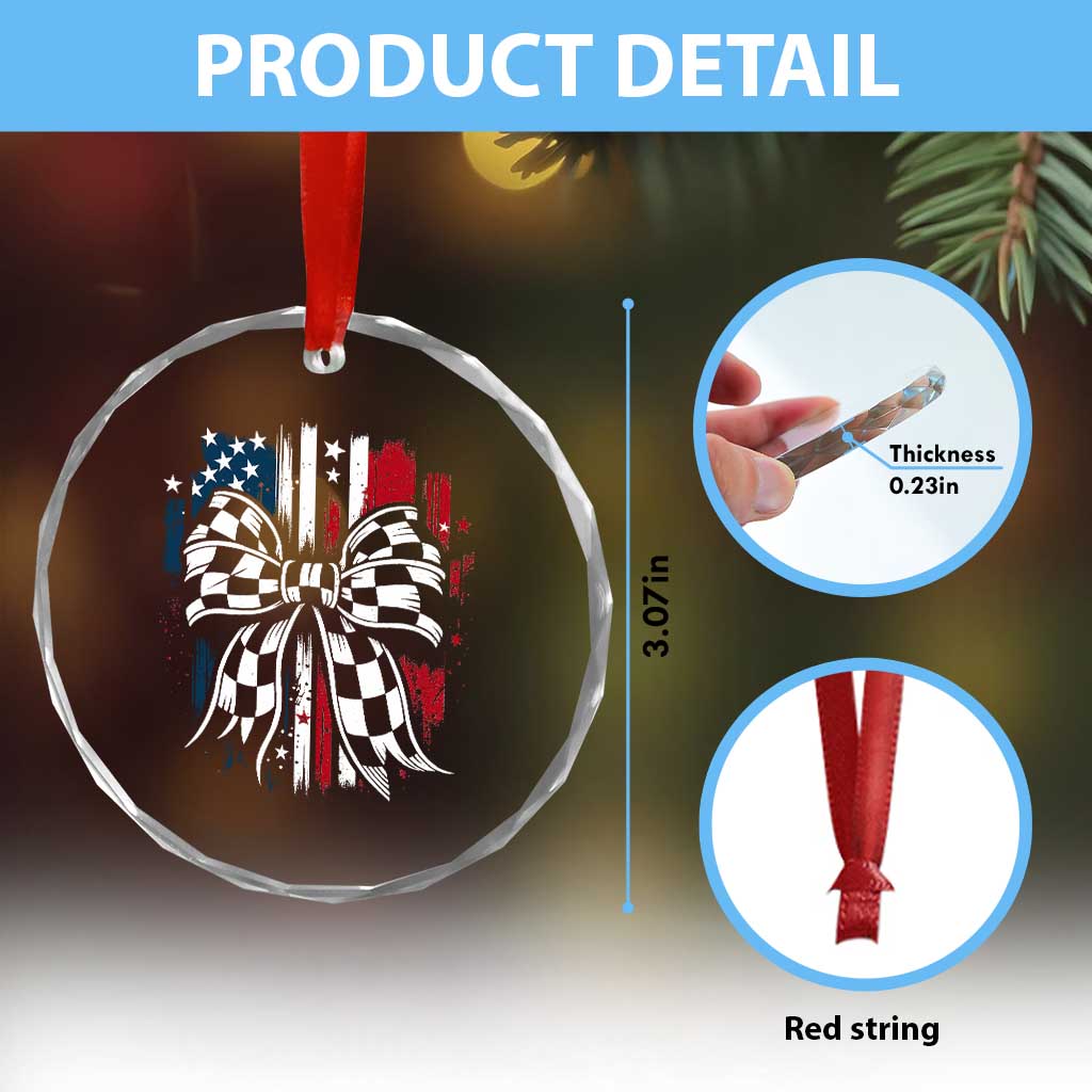 Patriotic Coquette Bow Checkered Flag Race Car Racing Crystal Glass Ornament TS14