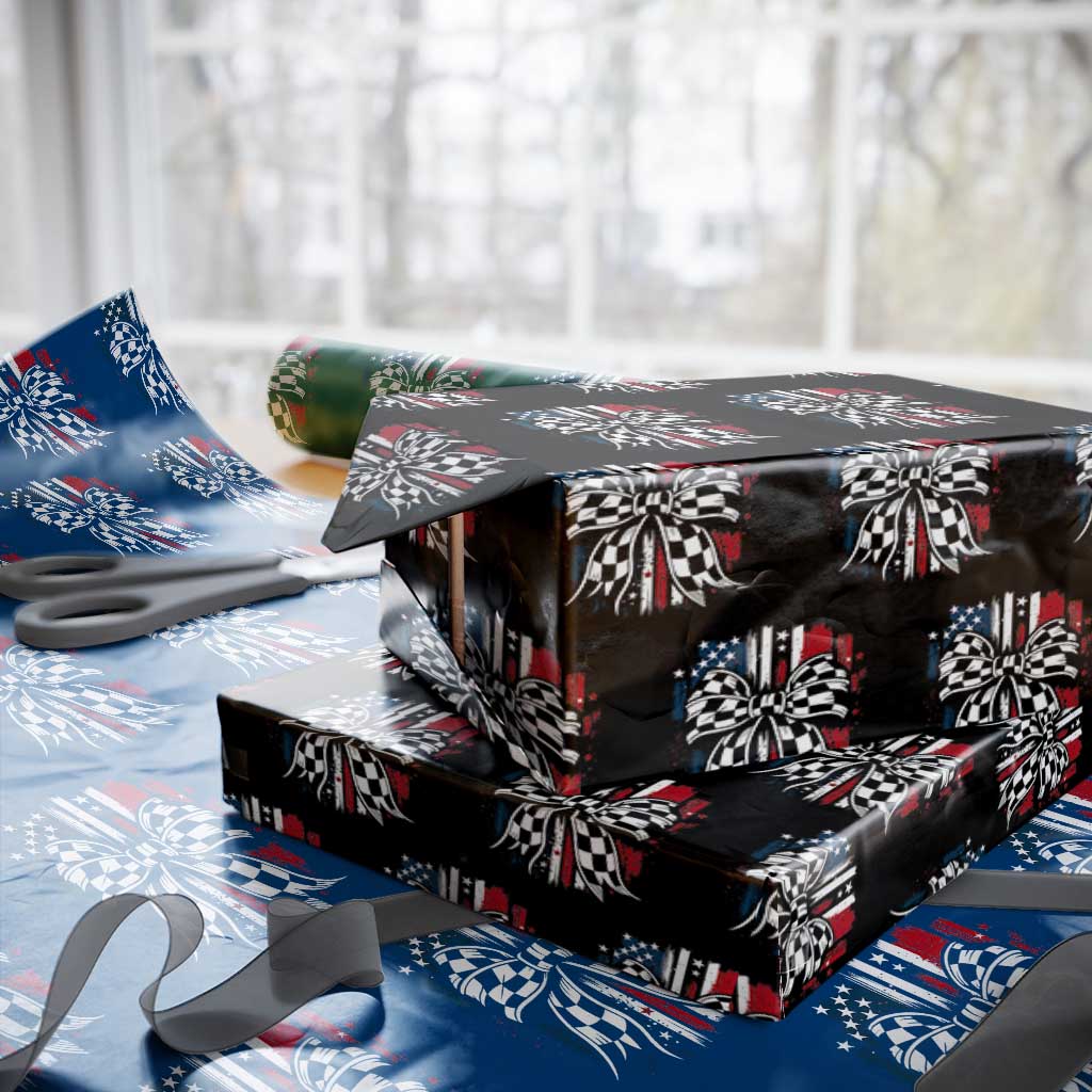 Patriotic Coquette Bow Checkered Flag Race Car Racing Wrapping Paper Roll - Wonder Print Shop