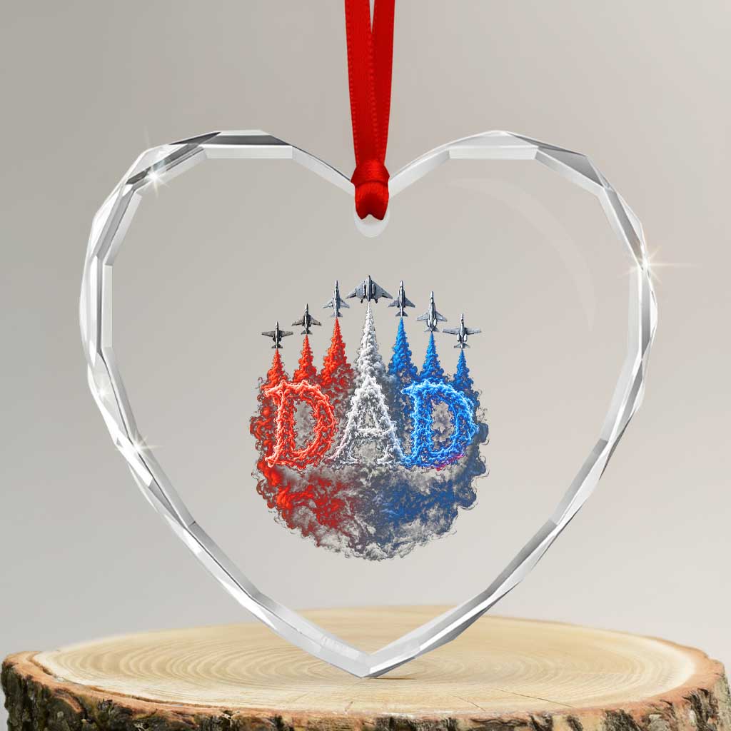 Patriotic Dad Jet Fighter American Flag 4th of July Heart Crystal Glass Ornament