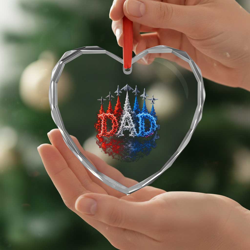 Patriotic Dad Jet Fighter American Flag 4th of July Heart Crystal Glass Ornament