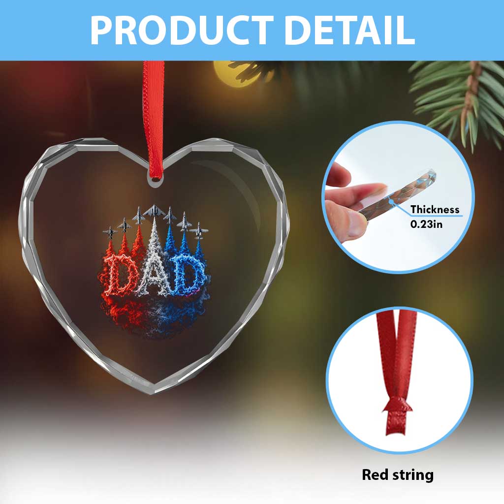 Patriotic Dad Jet Fighter American Flag 4th of July Heart Crystal Glass Ornament