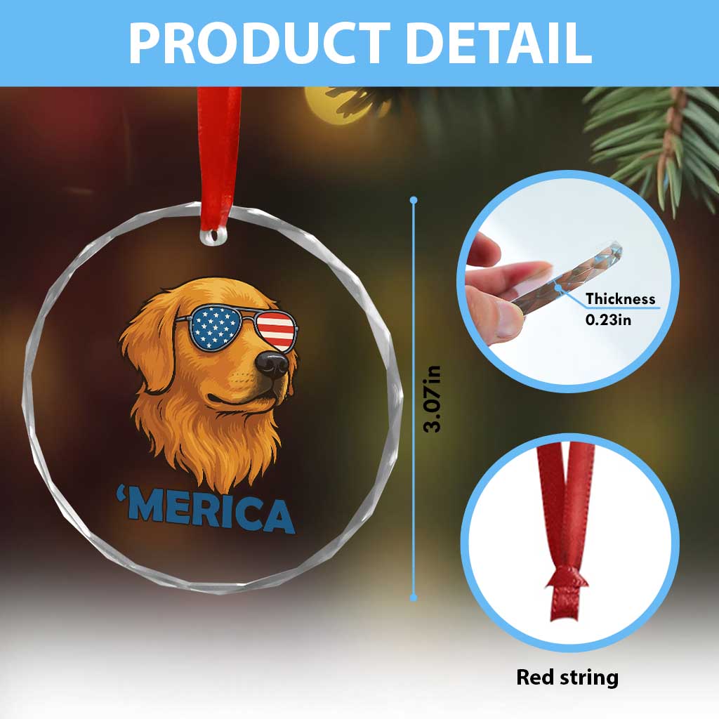 Patriotic Dog 'Merica Crystal Glass Ornament Golden Retriever Sunglasses Funny 4th Of July TS02