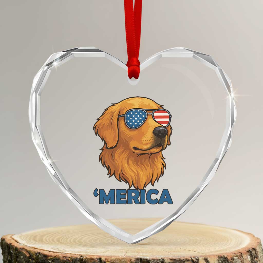 Patriotic Dog 'Merica Heart Crystal Glass Ornament Golden Retriever Sunglasses Funny 4th Of July - Wonder Print Shop