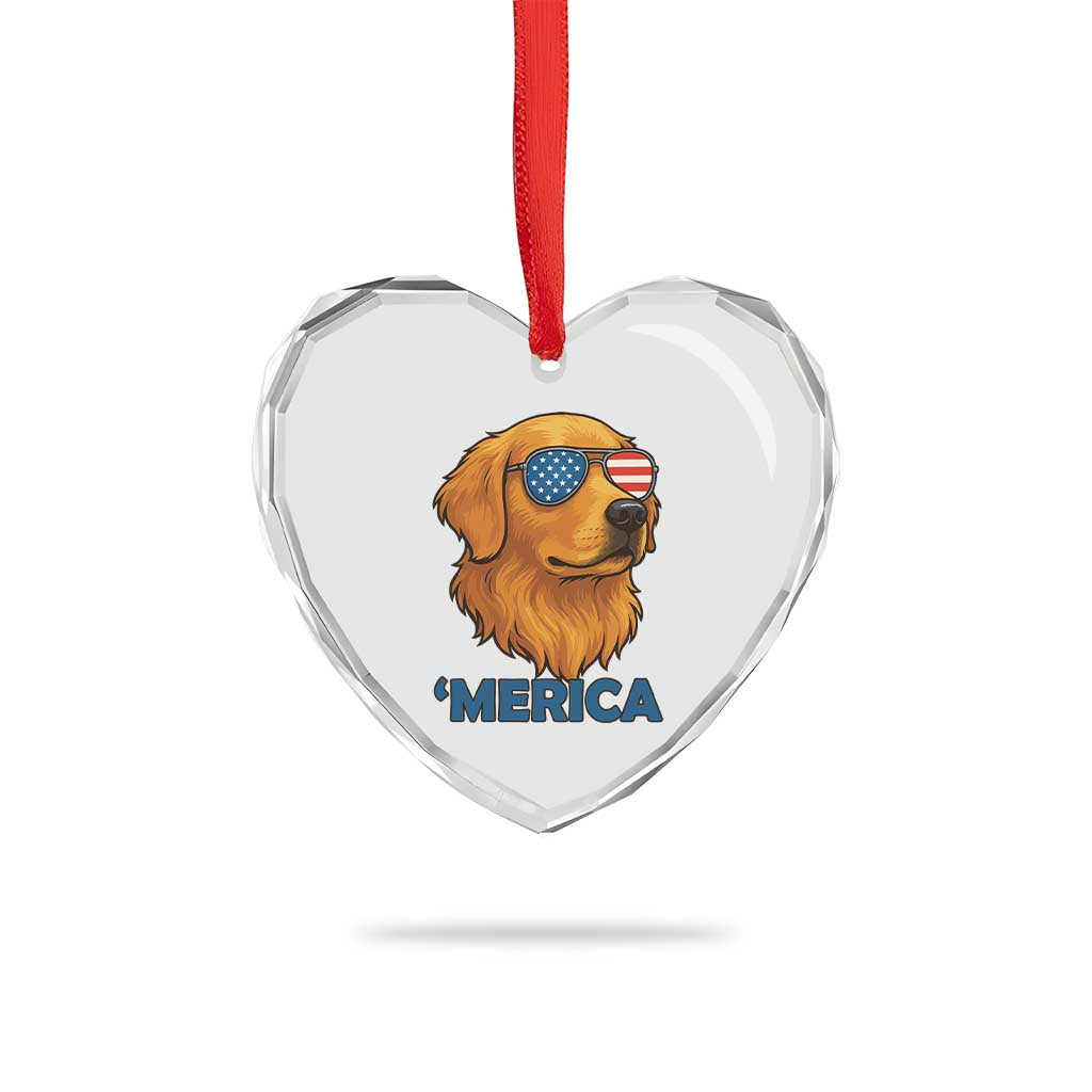 Patriotic Dog 'Merica Heart Crystal Glass Ornament Golden Retriever Sunglasses Funny 4th Of July - Wonder Print Shop