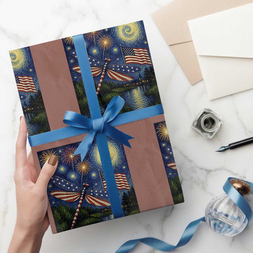Patriotic Dragonfly Starry Night Swirls Wrapping Paper Roll Nature Lovers