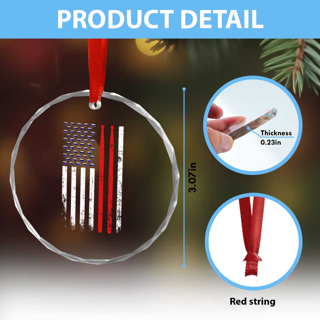 Patriotic Drummer Crystal Glass Ornament Percussionist Gift Drumming Drumsticks American Flag