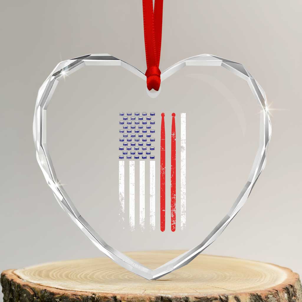 Patriotic Drummer Heart Crystal Glass Ornament Percussionist Gift Drumming Drumsticks American Flag