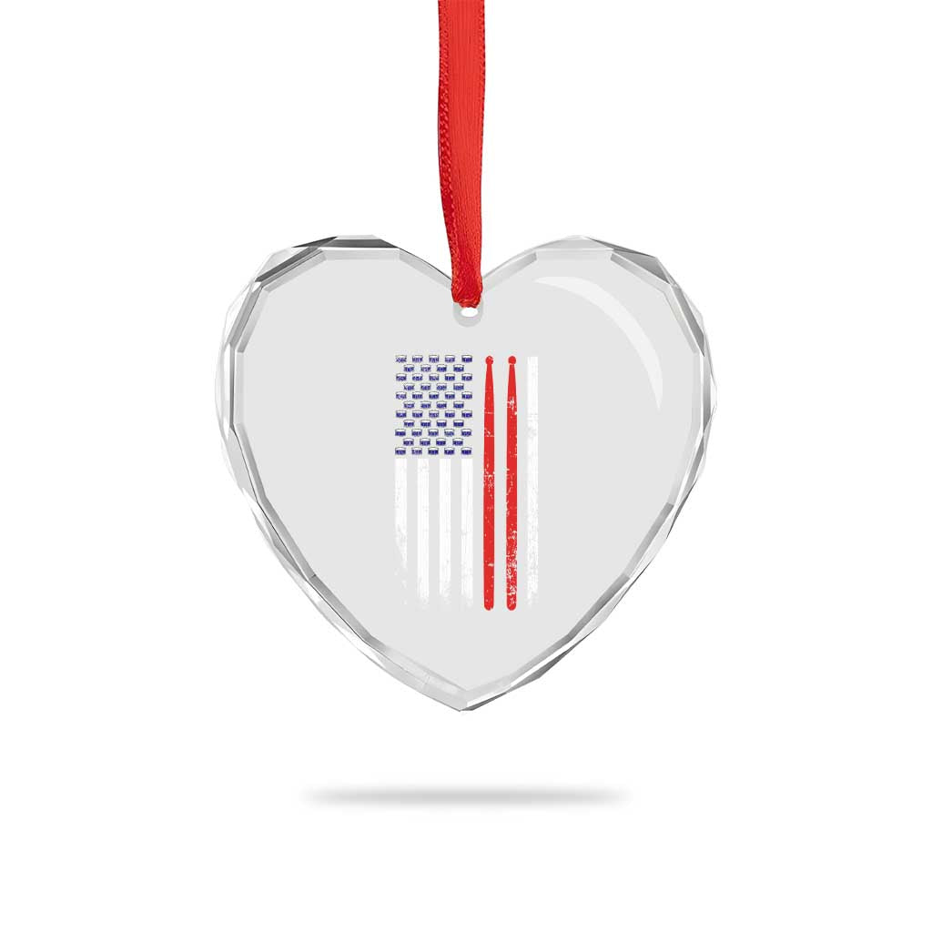 Patriotic Drummer Heart Crystal Glass Ornament Percussionist Gift Drumming Drumsticks American Flag