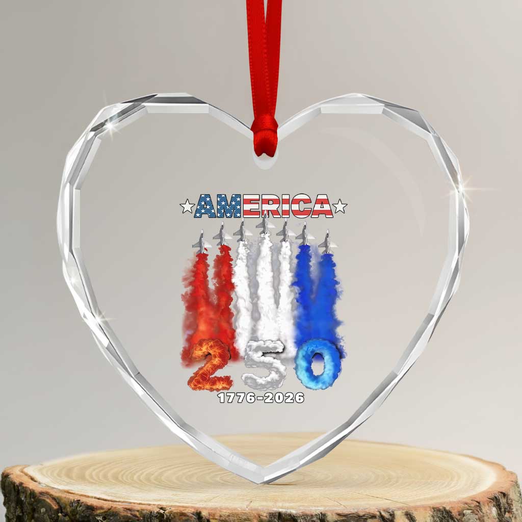 Patriotic Fighter Jets Heart Crystal Glass Ornament USA 250 Years Of Freedom