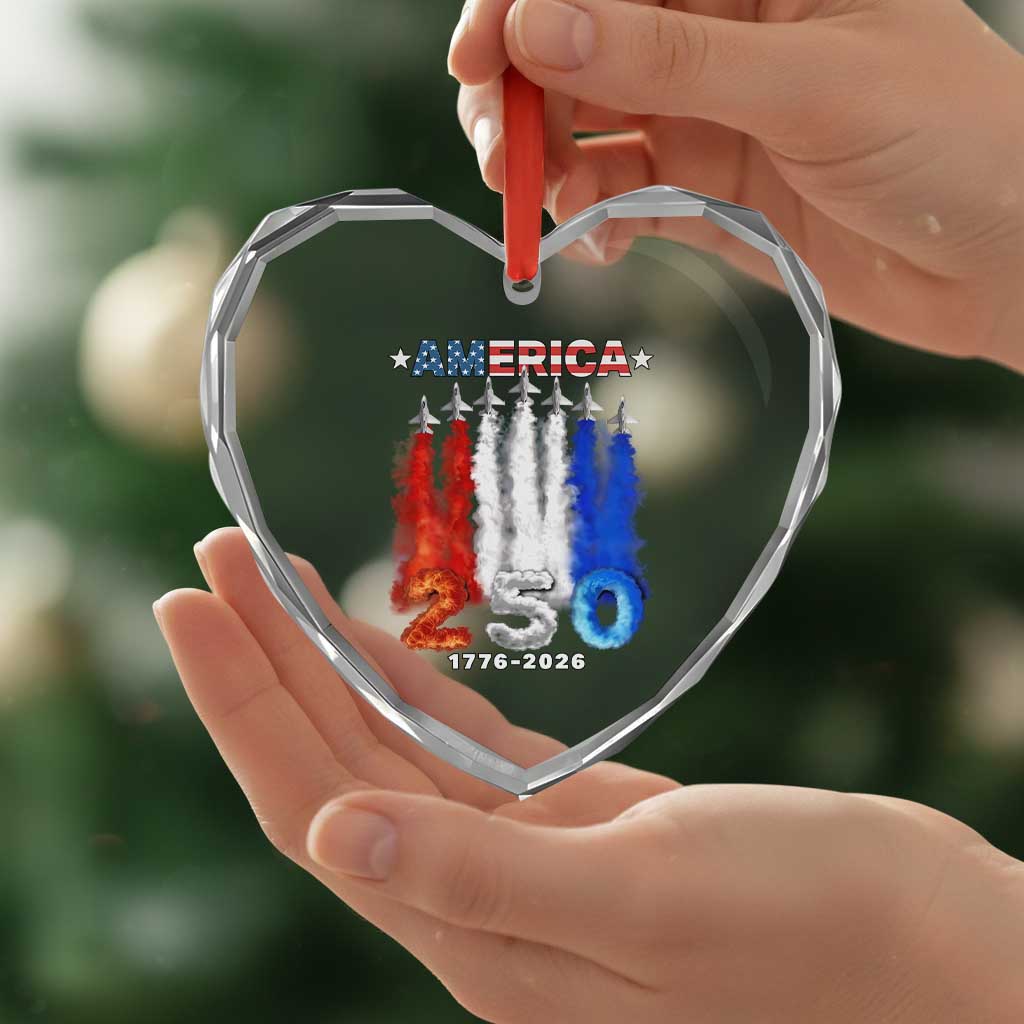 Patriotic Fighter Jets Heart Crystal Glass Ornament USA 250 Years Of Freedom