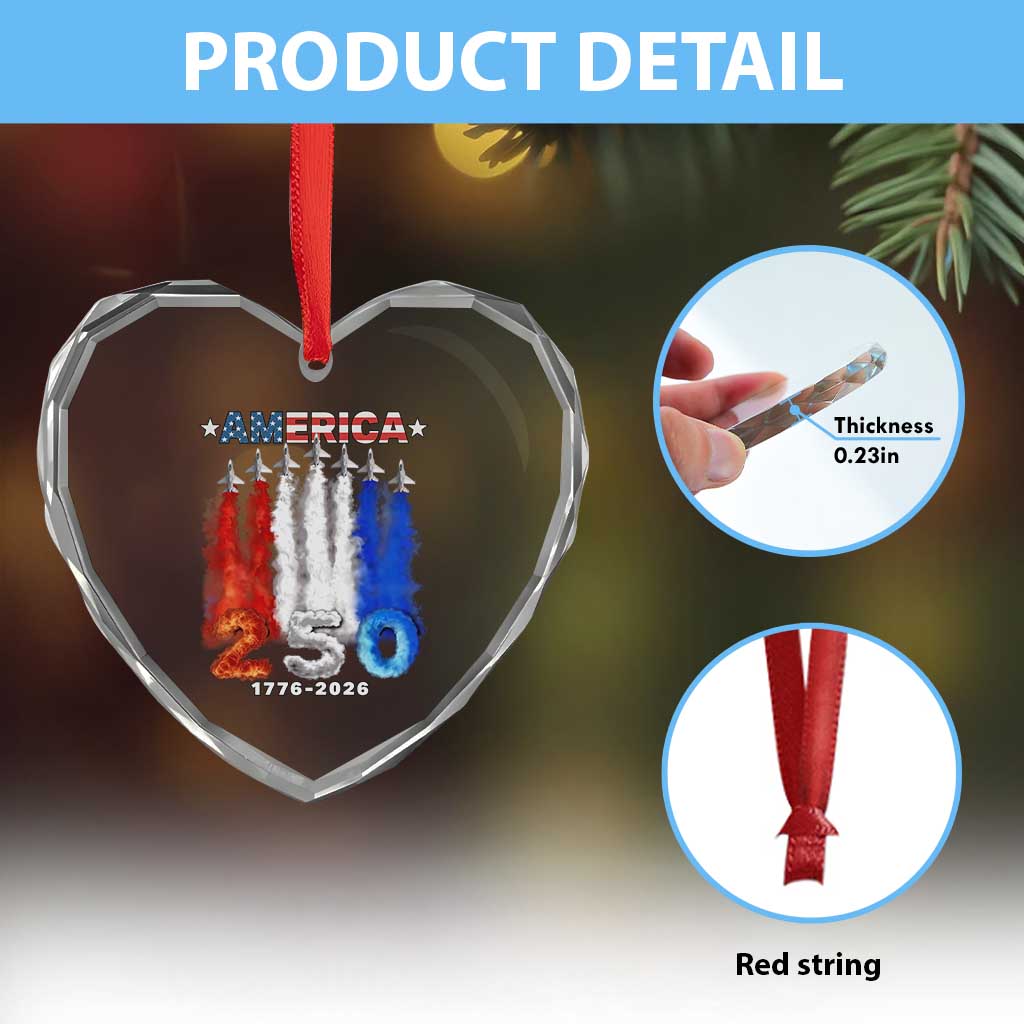 Patriotic Fighter Jets Heart Crystal Glass Ornament USA 250 Years Of Freedom
