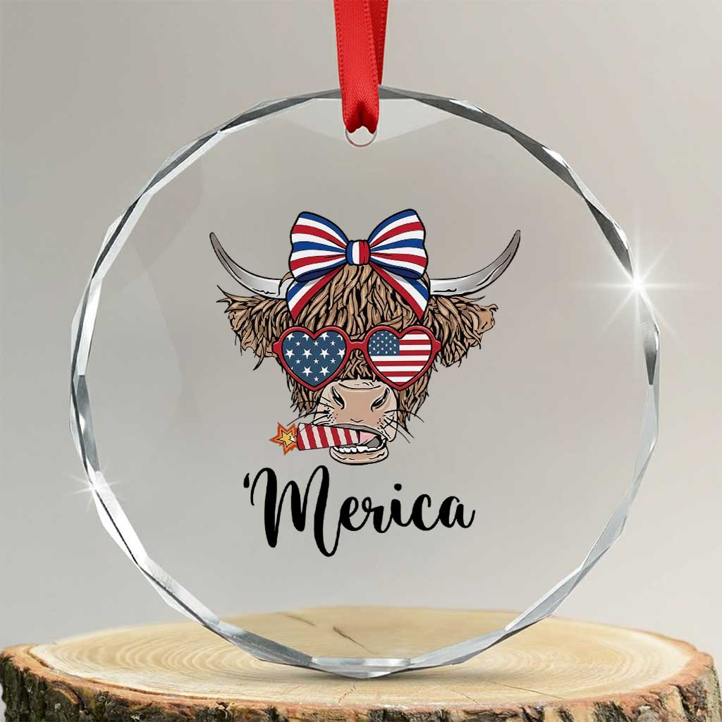 Patriotic Highland Cow Crystal Glass Ornament Merica USA Flag Farmer Gift