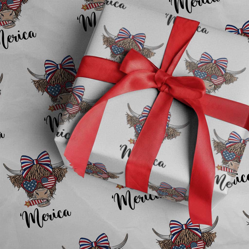 Patriotic Highland Cow Wrapping Paper Roll Merica USA Flag Farmer Gift
