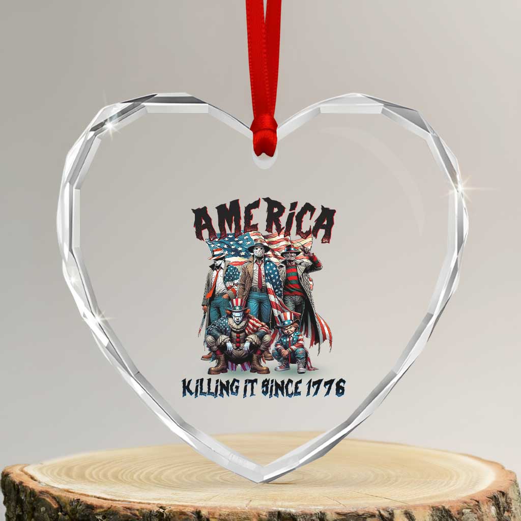 Patriotic Horror Mashup Heart Crystal Glass Ornament America Killing It Since 1776 - Wonder Print Shop