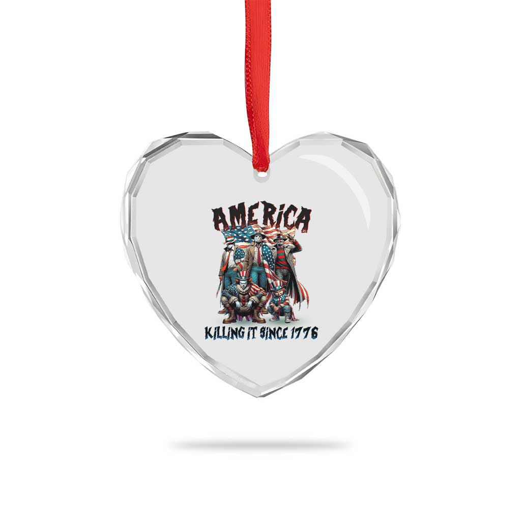 Patriotic Horror Mashup Heart Crystal Glass Ornament America Killing It Since 1776 - Wonder Print Shop