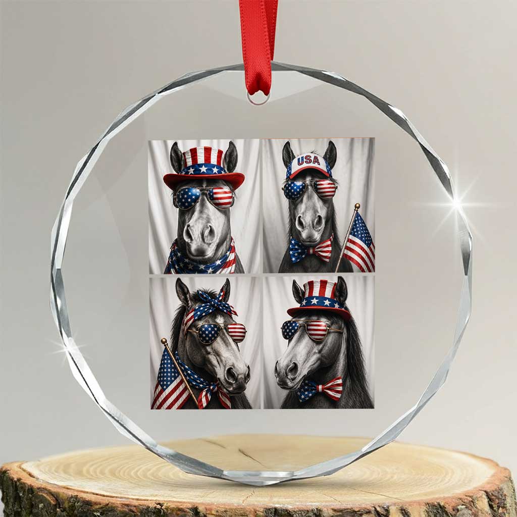 Patriotic Horse Selfie Squad Crystal Glass Ornament USA Flag Red White And Blue Graphic