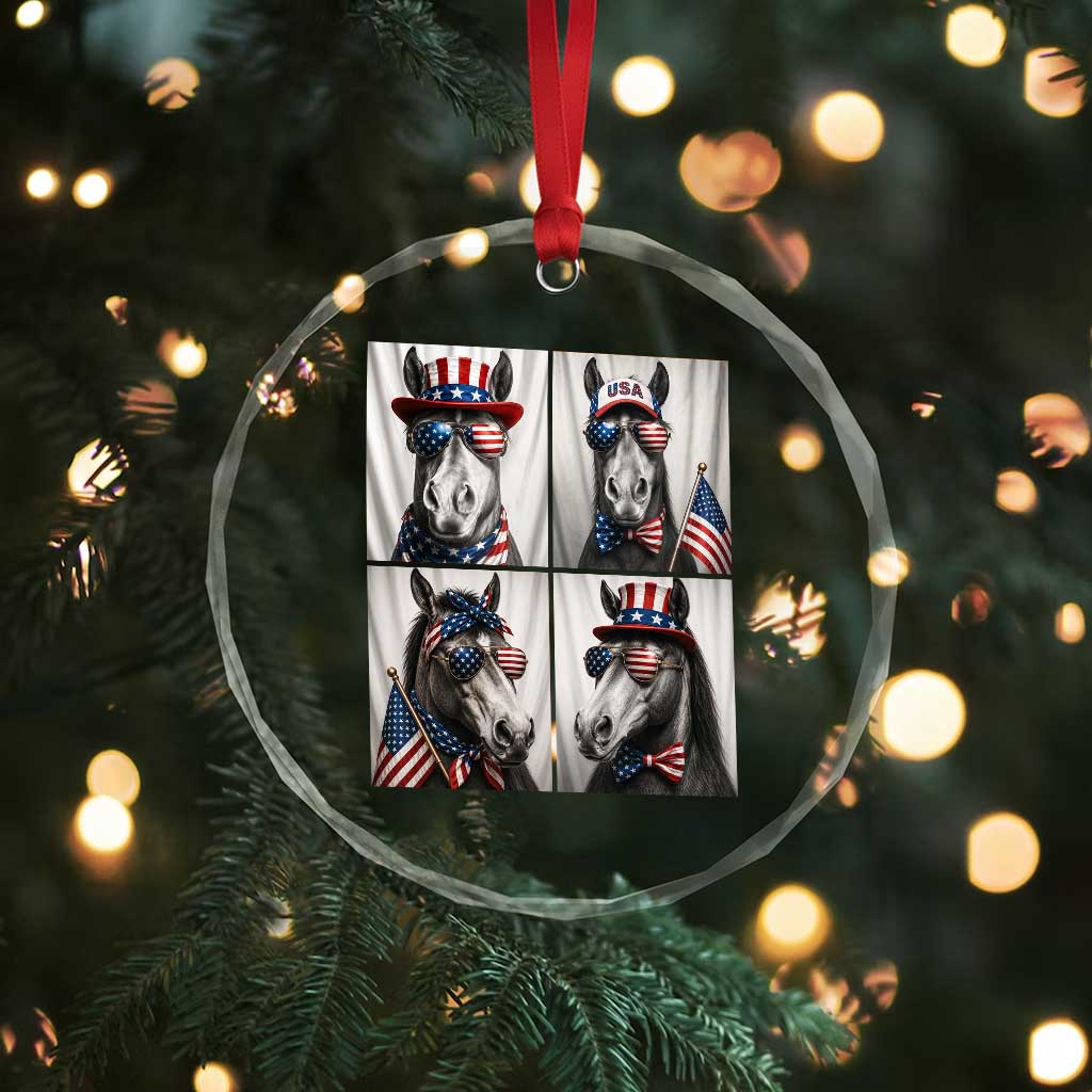 Patriotic Horse Selfie Squad Crystal Glass Ornament USA Flag Red White And Blue Graphic