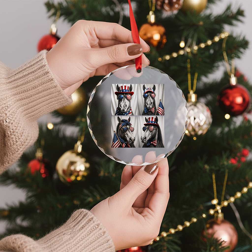 Patriotic Horse Selfie Squad Crystal Glass Ornament USA Flag Red White And Blue Graphic