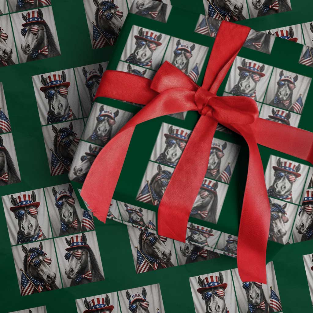 Patriotic Horse Selfie Squad Wrapping Paper Roll USA Flag Red White And Blue Graphic