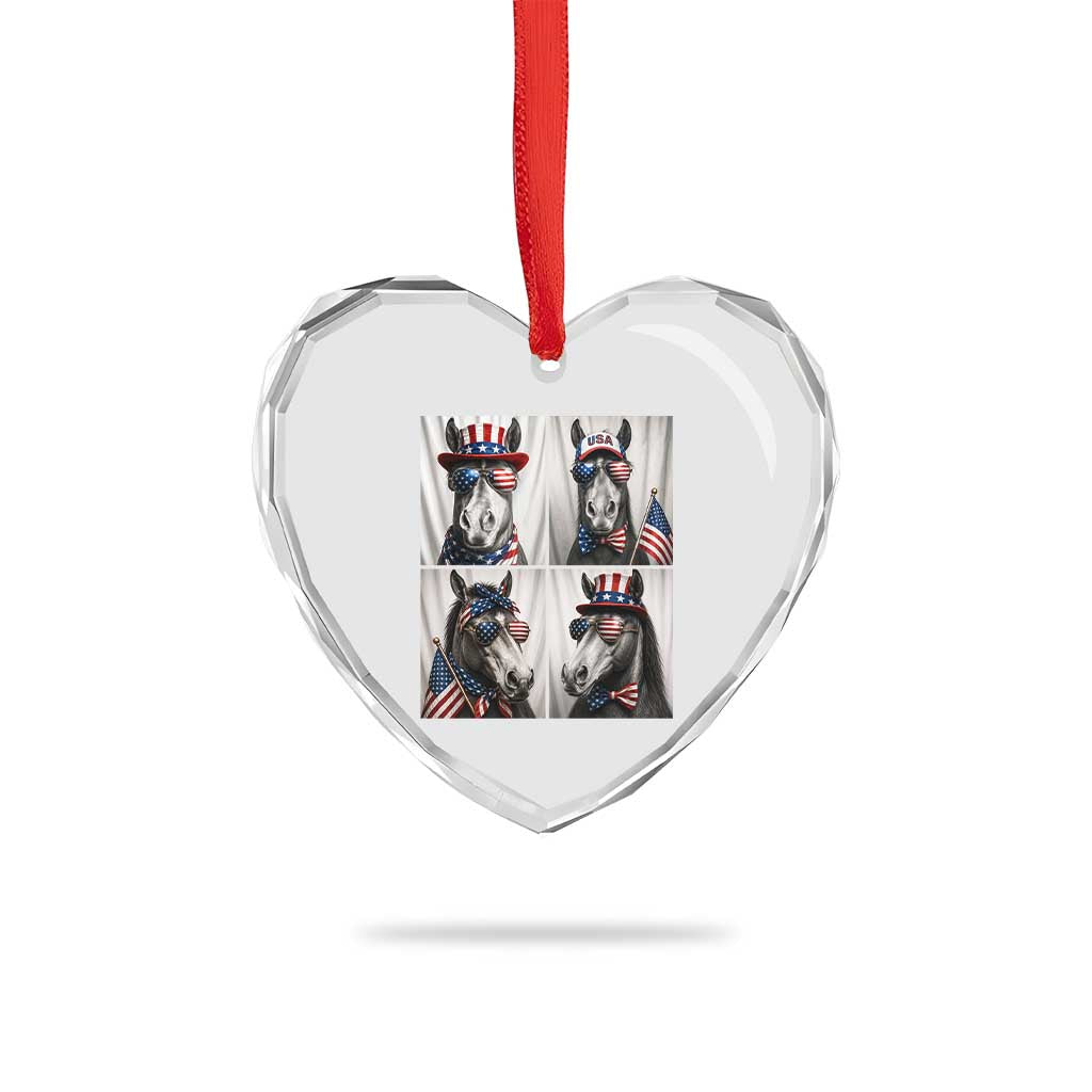Patriotic Horse Selfie Squad Heart Crystal Glass Ornament USA Flag Red White And Blue Graphic
