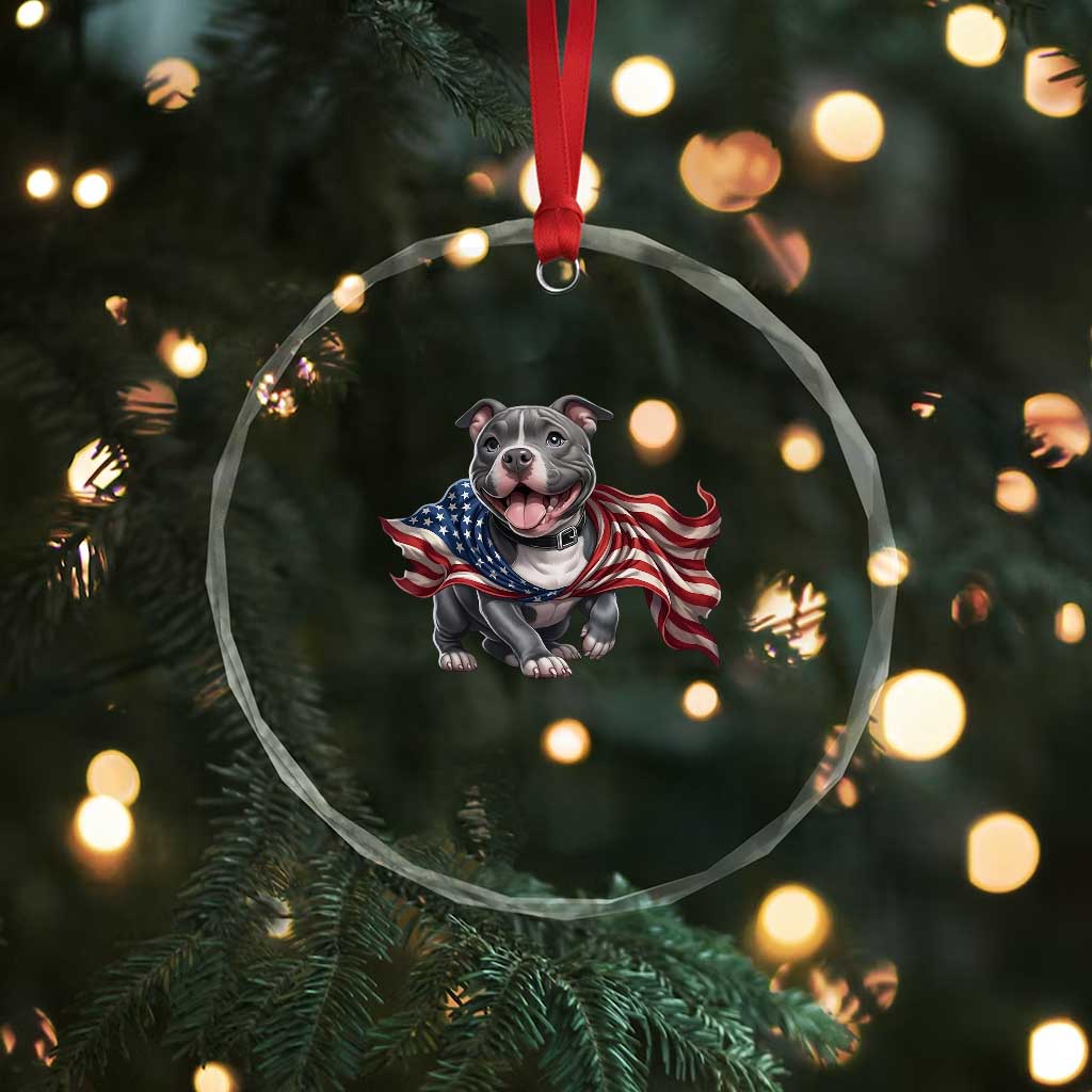 Patriotic Pitbull Dog USA Flag Crystal Glass Ornament 4th Of July Pride