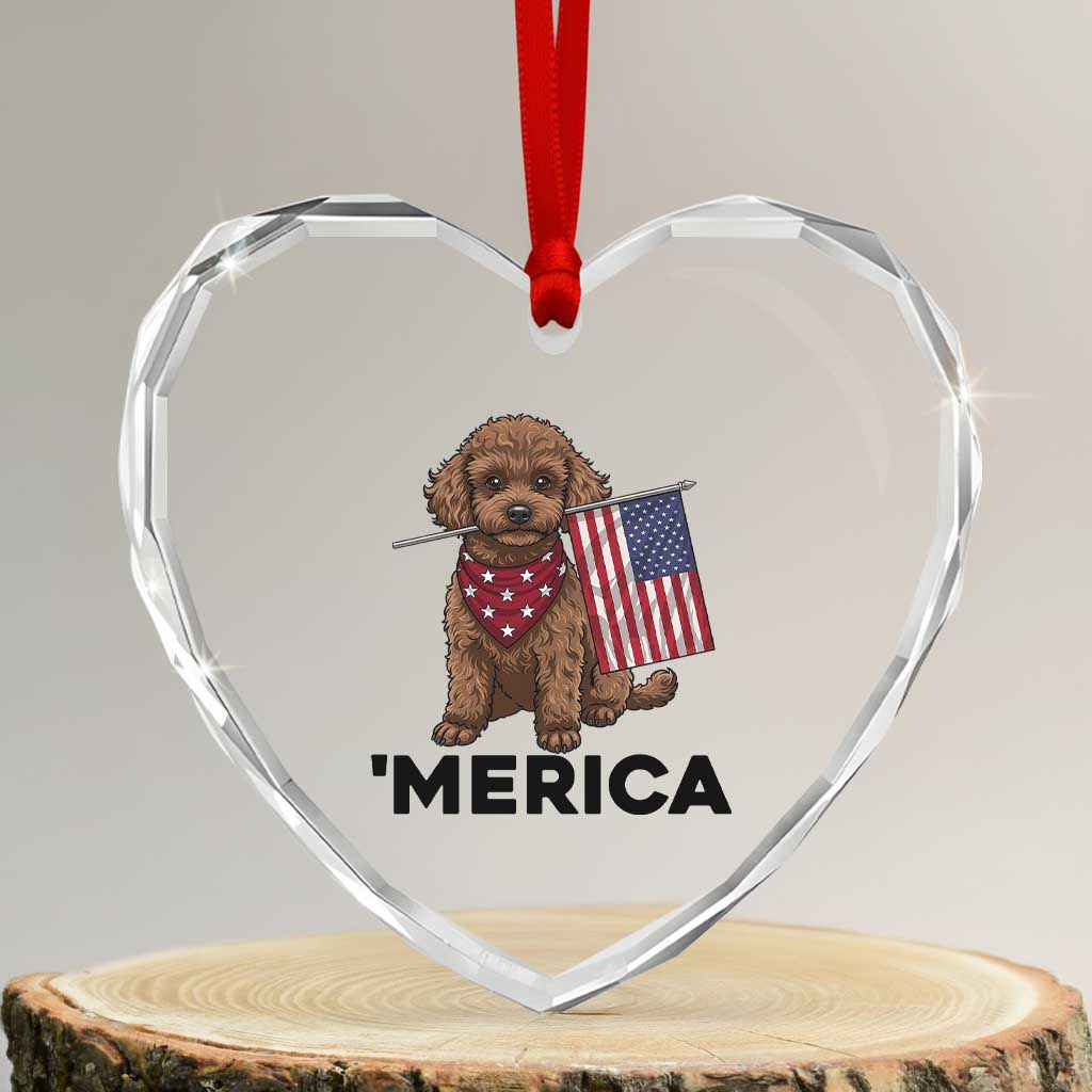 Patriotic Poodle Mom Dad Gift Heart Crystal Glass Ornament Merica 4th Of July