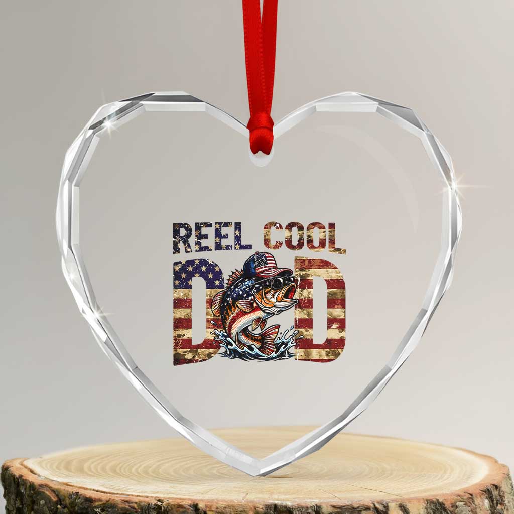 Patriotic Reel Cool Dad Heart Crystal Glass Ornament American Flag Fishing Fathers Day Gift