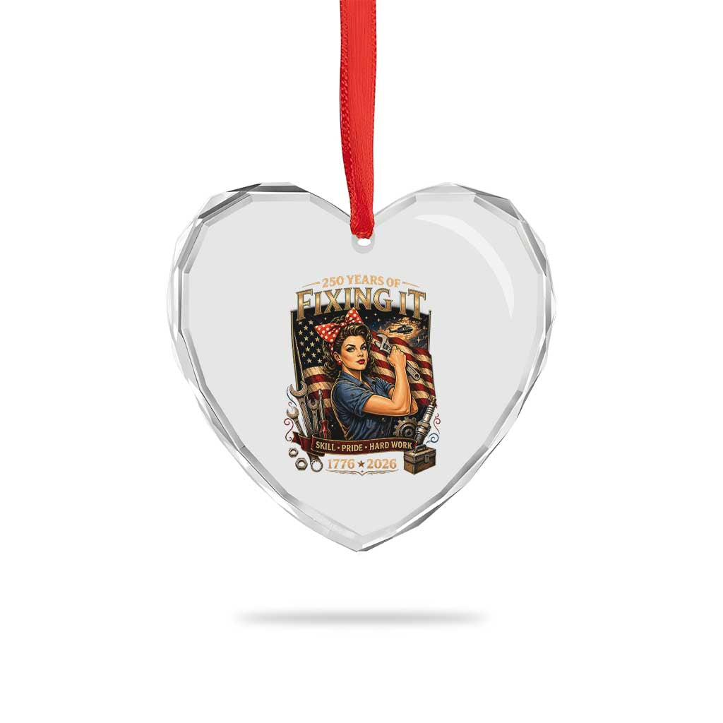 Patriotic Rosie Mechanic Feminist Pride Heart Crystal Glass Ornament 250 Years Of Fixing It