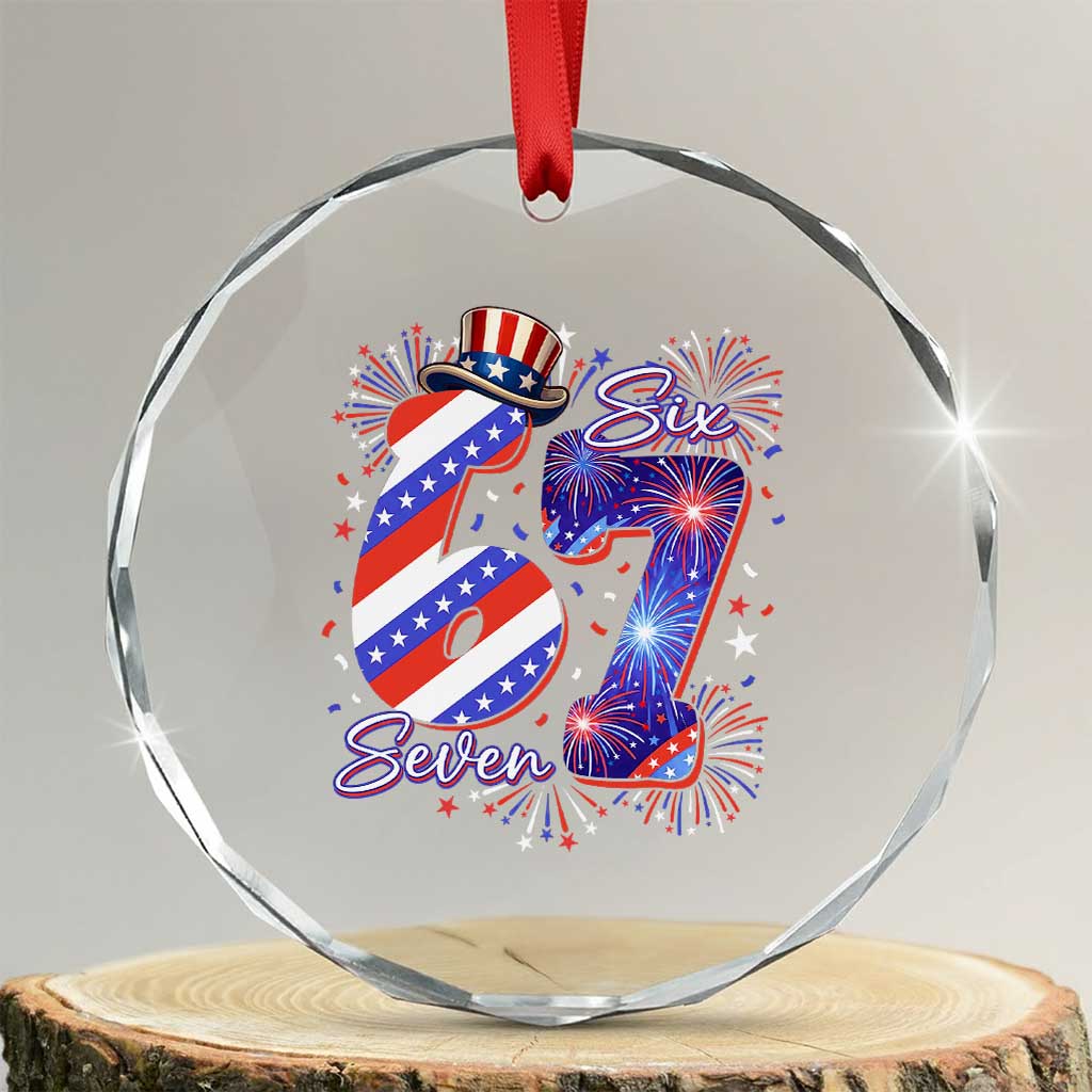 Patriotic Six Seven Crystal Glass Ornament Red White And Blue Fireworks Graphic