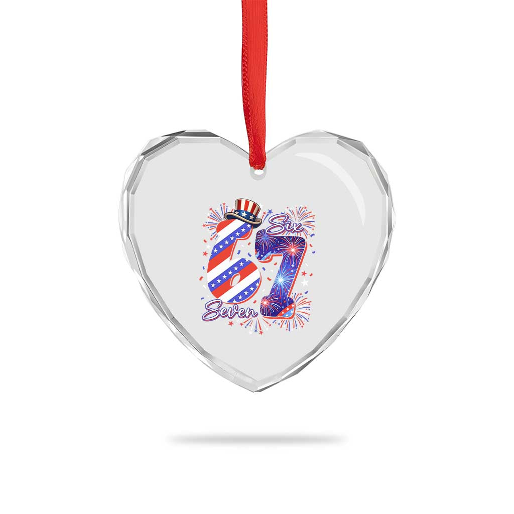 Patriotic Six Seven Heart Crystal Glass Ornament Red White And Blue Fireworks Graphic