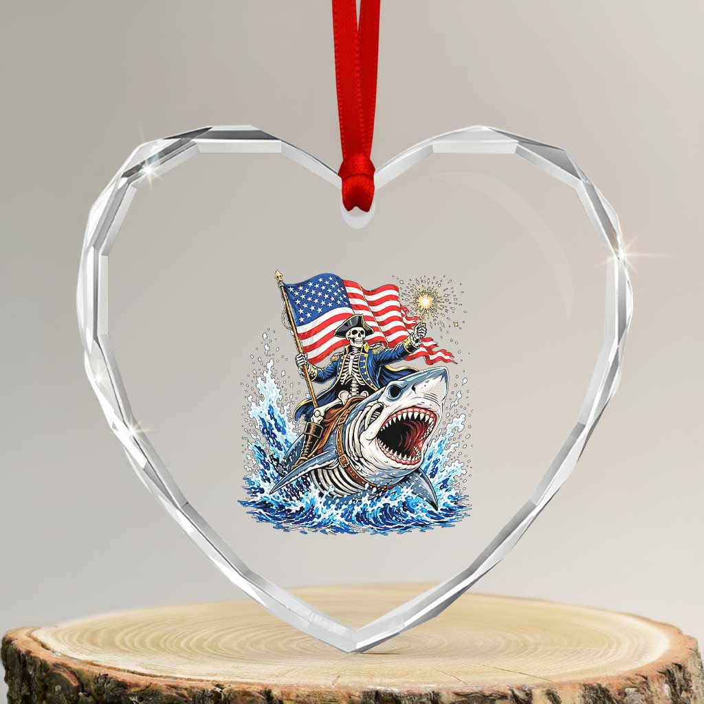 Patriotic Skeleton Pirate Riding Shark Heart Crystal Glass Ornament American Ocean Pride