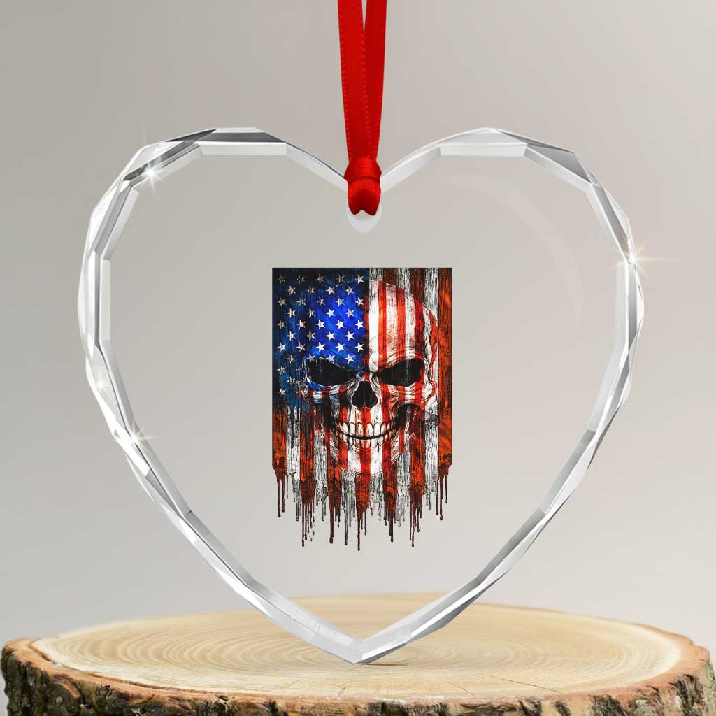 Patriotic Skull American Flag USA Pride Heart Crystal Glass Ornament
